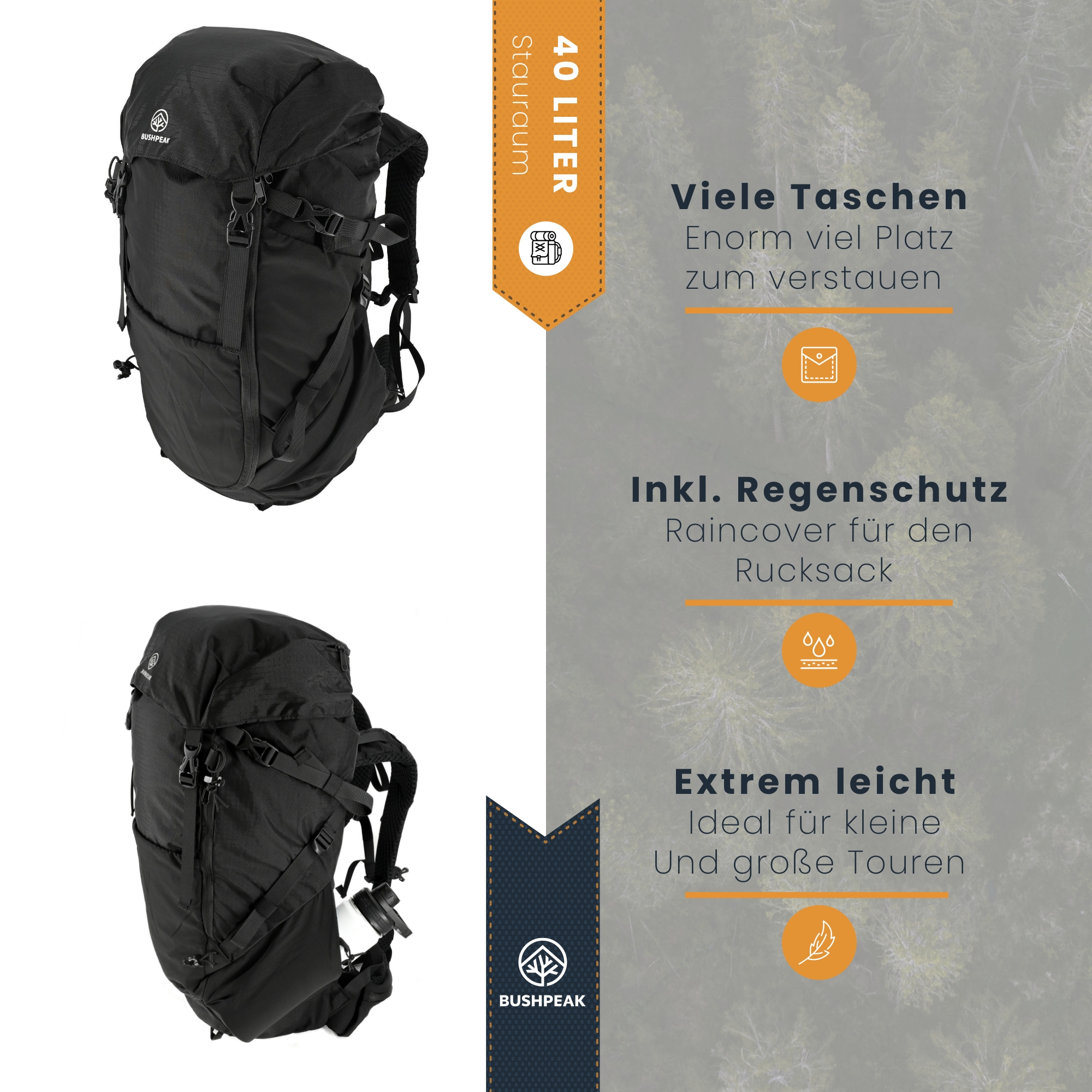 Bushpeak Rucksack Overnighter 40 L mit Taschen