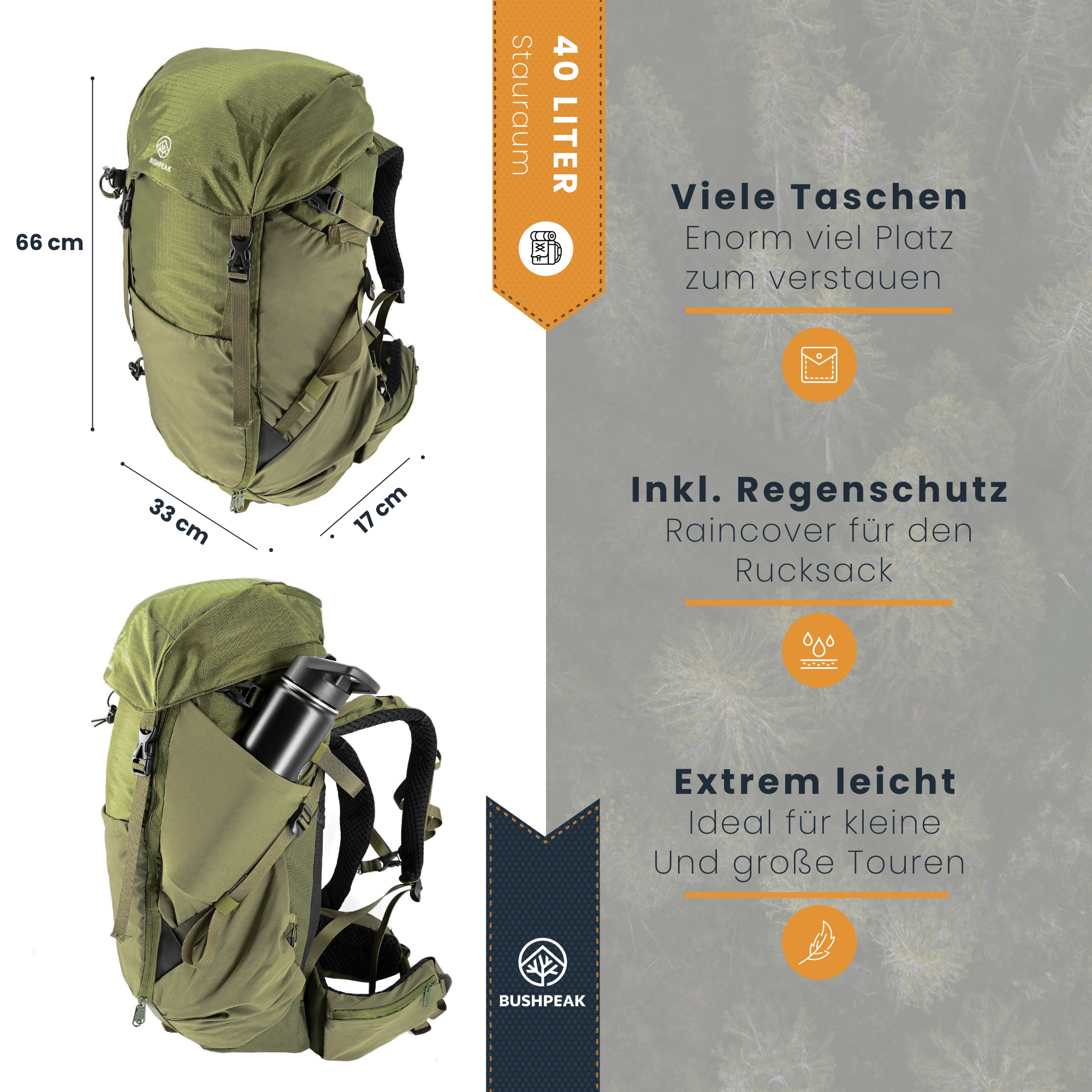 Bushpeak Rucksack Overnighter 40 L Grün Outdoor